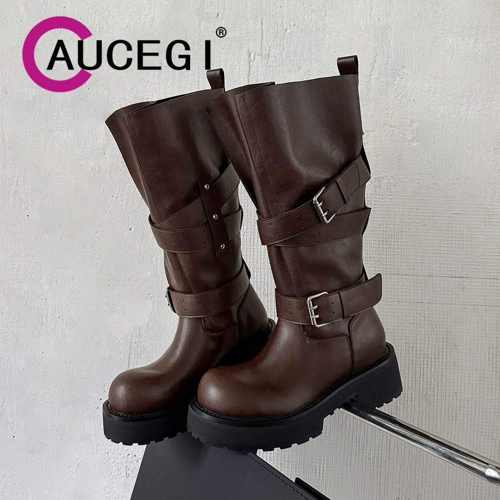 Leather Classic Strap - Aucegi 정품 가죽 플랫폼 블록 힐